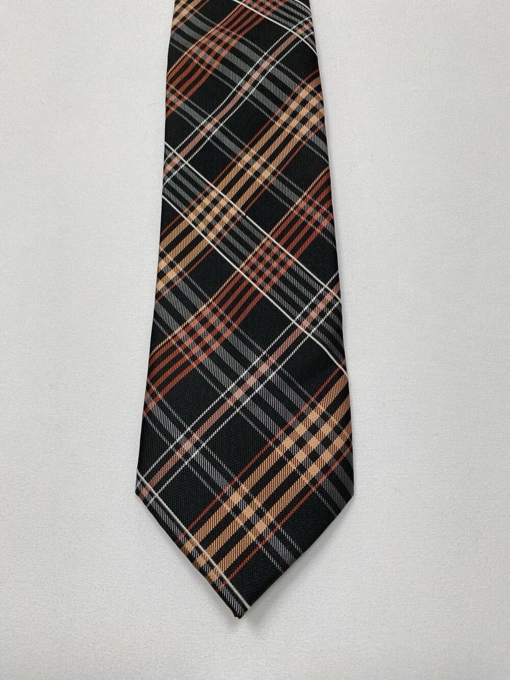 Bergamo New York Mens Classic Wide Plaid Necktie Black Orange Gray Tartan